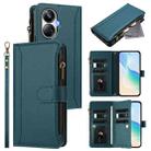 For Realme 10 Pro+ 5G Magnetic Closure 9 Card Slots Zipper Leather Case with Hand Strap(Dark Green) - 1