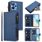 For Realme 10T 5G / 10S 5G Magnetic Closure 9 Card Slots Zipper Leather Case with Hand Strap(Dark Blue) - 1