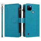 For Realme C21Y Magnetic Closure 9 Card Slots Zipper Leather Case with Hand Strap(Turquoise) - 2