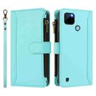 For Realme C21Y Magnetic Closure 9 Card Slots Zipper Leather Case with Hand Strap(Mint Green) - 2