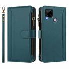 For Realme C25 / C15 / C12 / C25S Magnetic Closure 9 Card Slots Zipper Leather Case with Hand Strap(Dark Green) - 2