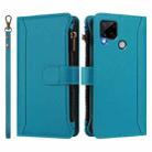 For Realme C25 / C15 / C12 / C25S Magnetic Closure 9 Card Slots Zipper Leather Case with Hand Strap(Turquoise) - 2