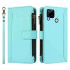 For Realme C25 / C15 / C12 / C25S Magnetic Closure 9 Card Slots Zipper Leather Case with Hand Strap(Mint Green) - 2