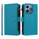 For Realme C63 4G Global / Narzo N63 4G Magnetic Closure 9 Card Slots Zipper Leather Case with Hand Strap(Turquoise) - 2