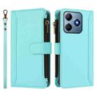 For Realme C63 4G Global / Narzo N63 4G Magnetic Closure 9 Card Slots Zipper Leather Case with Hand Strap(Mint Green) - 2