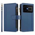 For Realme GT5 240W / GT5 5G Magnetic Closure 9 Card Slots Zipper Leather Case with Hand Strap(Dark Blue) - 2