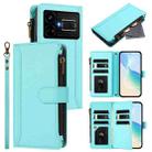 For Realme GT5 240W / GT5 5G Magnetic Closure 9 Card Slots Zipper Leather Case with Hand Strap(Mint Green) - 1