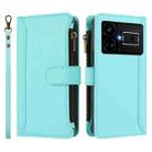 For Realme GT5 240W / GT5 5G Magnetic Closure 9 Card Slots Zipper Leather Case with Hand Strap(Mint Green) - 2