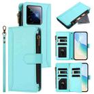 For Realme GT7 Magnetic Closure 9 Card Slots Zipper Leather Case with Hand Strap(Mint Green) - 1