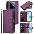 For Realme GT7 Magnetic Closure 9 Card Slots Zipper Leather Case with Hand Strap(Purple) - 1