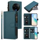 For Realme 14 Pro 5G India Magnetic Closure 9 Card Slots Zipper Leather Case with Hand Strap(Dark Green) - 1
