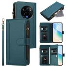 For Realme 14 Pro+ 5G Magnetic Closure 9 Card Slots Zipper Leather Case with Hand Strap(Dark Green) - 1