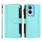 For vivo Y56 5G Global / Y16 4G Global Magnetic Closure 9 Card Slots Zipper Leather Case with Hand Strap(Mint Green) - 2