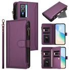 For vivo Y76 5G Magnetic Closure 9 Card Slots Zipper Leather Case with Hand Strap(Purple) - 1