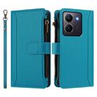 For vivo Y36 4G Global / Y27S 4G Global Magnetic Closure 9 Card Slots Zipper Leather Case with Hand Strap(Turquoise) - 2