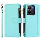 For vivo Y36 4G Global / Y27S 4G Global Magnetic Closure 9 Card Slots Zipper Leather Case with Hand Strap(Mint Green) - 2