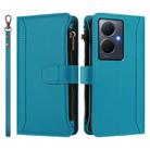 For vivo Y78+ 5G Global / V29 Lite Magnetic Closure 9 Card Slots Zipper Leather Case with Hand Strap(Turquoise) - 2