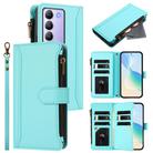For vivo Y200E 5G Global / V40 SE 5G Magnetic Closure 9 Card Slots Zipper Leather Case with Hand Strap(Mint Green) - 1