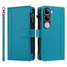 For vivo Y300 5G Global Magnetic Closure 9 Card Slots Zipper Leather Case with Hand Strap(Turquoise) - 2