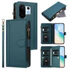 For vivo S30 Pro mini Magnetic Closure 9 Card Slots Zipper Leather Case with Hand Strap(Dark Green) - 1