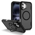 For iPhone 16 Defend 3 in 1 Rugged MagSafe Magnetic Holder Phone Case(Black + Transparent Grey) - 1