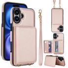 For iPhone 16 Crossbody Dual-buckle Wallet RFID Back Leather Phone Case(Rose Gold) - 1