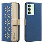 For Realme 14X 5G Splicing Color Hollow Flower Pattern RFID Leather Phone Case(Dark Blue) - 1