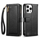 For iPhone 15 Pro ESEBLE E11 Colorful Litchi Pattern Zipper Wallet Leather Phone Case(Black) - 1