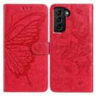 For Samsung Galaxy S21 FE 5G Butterfly Flutter Pattern Embossed Leather Phone Case(Red) - 1