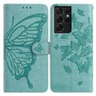For Samsung Galaxy S21 Ultra 5G Butterfly Flutter Pattern Embossed Leather Phone Case(Green) - 1