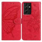 For Samsung Galaxy S21 Ultra 5G Butterfly Flutter Pattern Embossed Leather Phone Case(Red) - 1