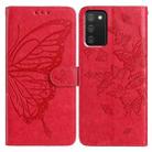 For Samsung Galaxy A02S Butterfly Flutter Pattern Embossed Leather Phone Case(Red) - 1