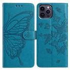 For iPhone 14 Pro Max Butterfly Flutter Pattern Embossed Leather Phone Case(Blue) - 1