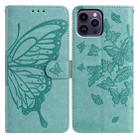 For iPhone 14 Pro Max Butterfly Flutter Pattern Embossed Leather Phone Case(Green) - 1