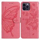 For iPhone 14 Pro Max Butterfly Flutter Pattern Embossed Leather Phone Case(Rose Red) - 1