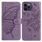 For iPhone 14 Pro Max Butterfly Flutter Pattern Embossed Leather Phone Case(Purple) - 1