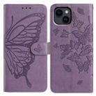 For iPhone 14 Butterfly Flutter Pattern Embossed Leather Phone Case(Purple) - 1