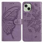 For iPhone 15 Butterfly Flutter Pattern Embossed Leather Phone Case(Purple) - 1