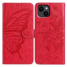 For iPhone 14 Plus Butterfly Flutter Pattern Embossed Leather Phone Case(Red) - 1