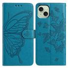 For iPhone 15 Plus Butterfly Flutter Pattern Embossed Leather Phone Case(Blue) - 1