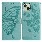 For iPhone 15 Plus Butterfly Flutter Pattern Embossed Leather Phone Case(Green) - 1
