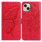 For iPhone 15 Plus Butterfly Flutter Pattern Embossed Leather Phone Case(Red) - 1