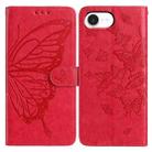 For iPhone 16e Butterfly Flutter Pattern Embossed Leather Phone Case(Red) - 1