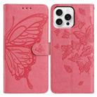 For iPhone 16 Pro Butterfly Flutter Pattern Embossed Leather Phone Case(Rose Red) - 1
