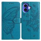 For iPhone 16 Butterfly Flutter Pattern Embossed Leather Phone Case(Blue) - 1