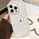 For iPhone 16 Pro Diamond Lens Frame MagSafe Wave Texture Clear Phone Case(Creamy White) - 1