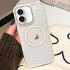 For iPhone 16 Diamond Lens Frame MagSafe Wave Texture Clear Phone Case(Creamy White) - 1