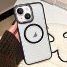 For iPhone 14 Diamond Lens Frame MagSafe Wave Texture Clear Phone Case(Black) - 1