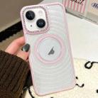 For iPhone 14 Diamond Lens Frame MagSafe Wave Texture Clear Phone Case(Pink) - 1