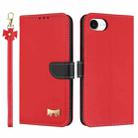 For iPhone 16e Metal Bow Leather Phone Case with Hand Strap(Red) - 1